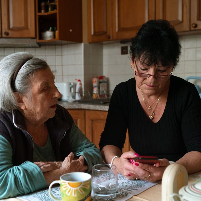 Two women talking together over coffee in a home kitchen